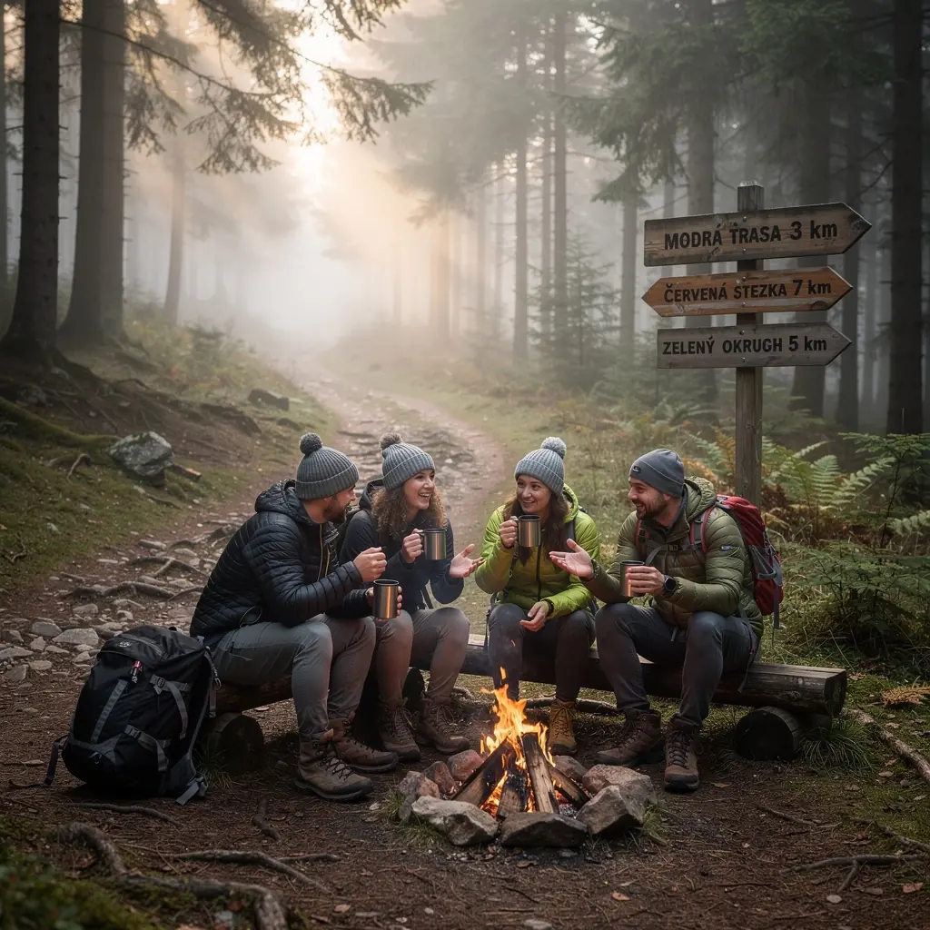 Malebný hrad Karlštejn se zelenými lesy v pozadí.
